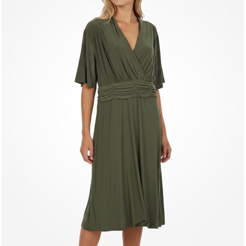 Jones Studio Dress Womens 16W Olive Green Surplice Ruched Waist Stretch Midi